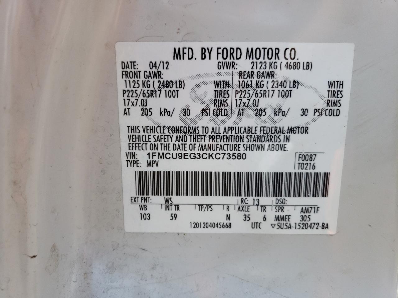 1FMCU9EG3CKC73580 2012 Ford Escape Limited