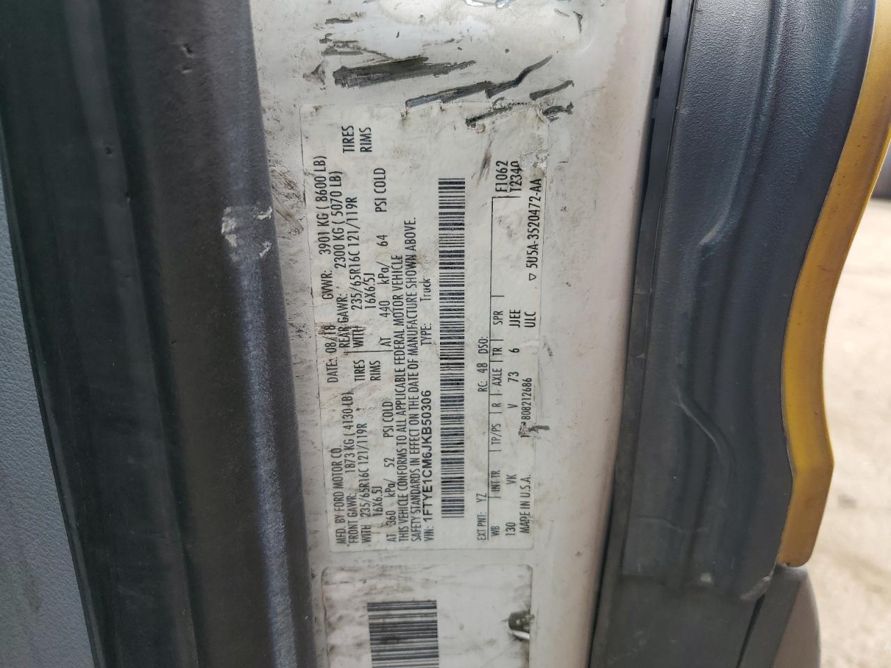 2018 Ford Transit T-150 VIN: 1FTYE1CM6JKB50306 Lot: 68018324