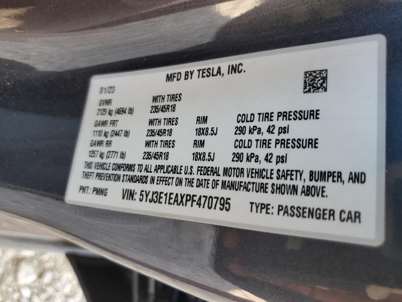 5YJ3E1EAXPF470795 2023 Tesla Model 3