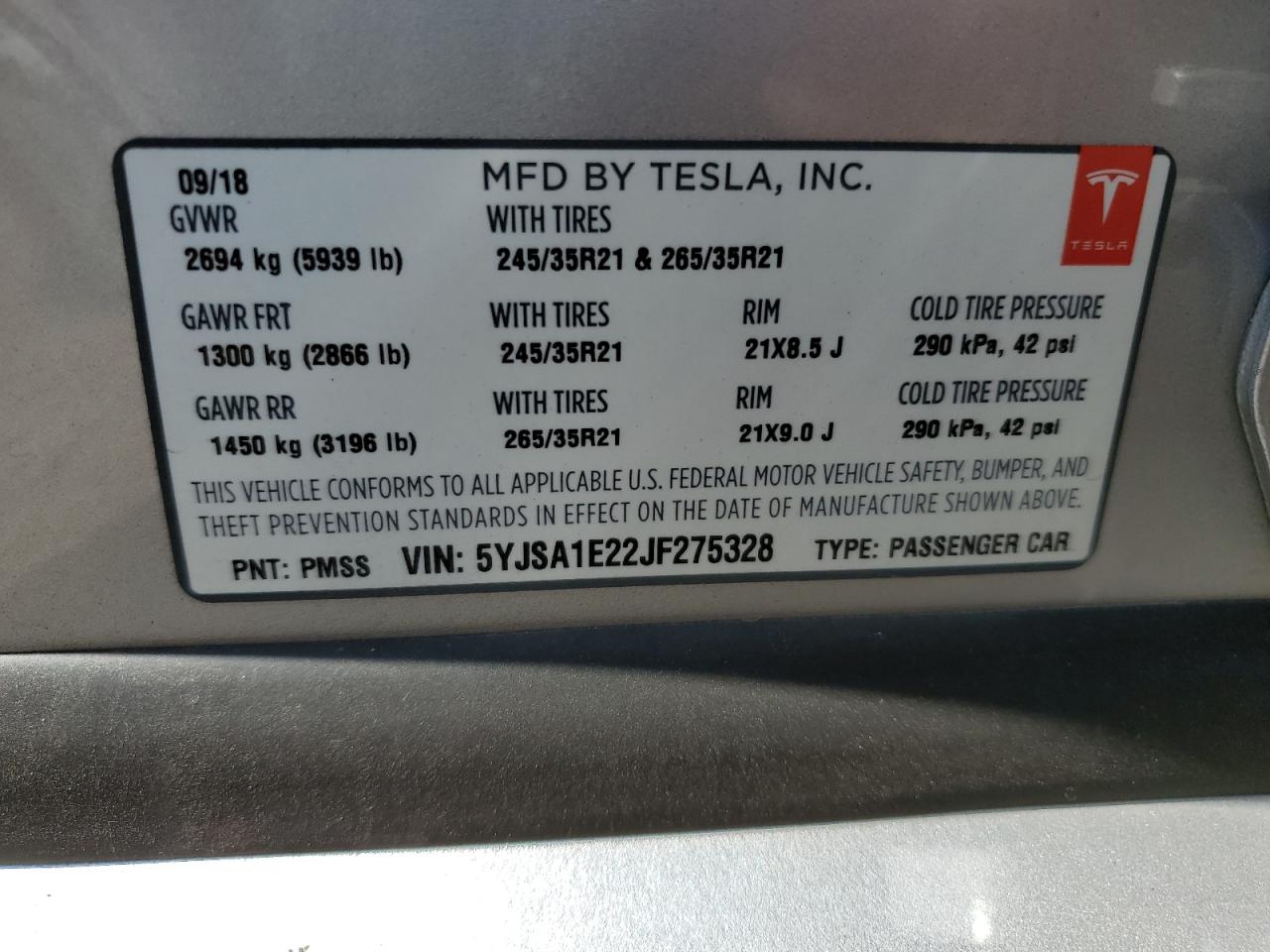 2018 Tesla Model S VIN: 5YJSA1E22JF275328 Lot: 65934754