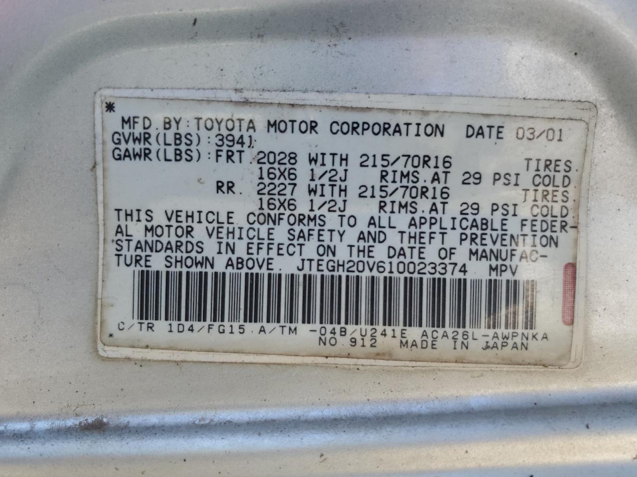 2001 Toyota Rav4 VIN: JTEGH20V610023374 Lot: 69146314