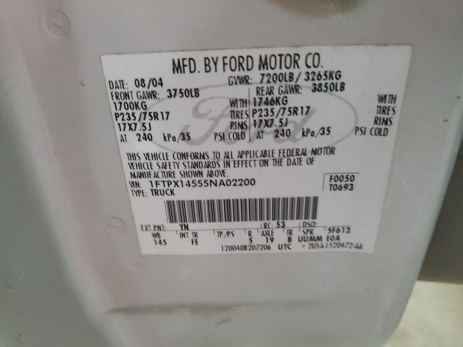 1FTPX14555NA02200 2005 Ford F150