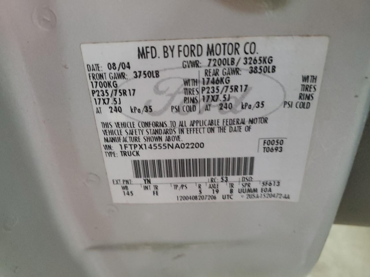 2005 Ford F150 VIN: 1FTPX14555NA02200 Lot: 66114844