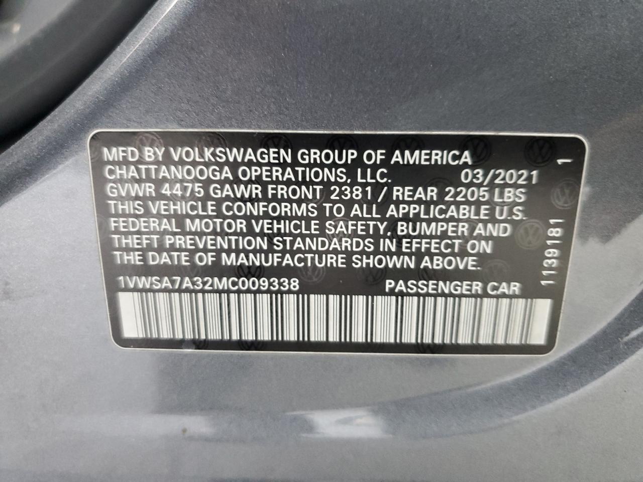 1VWSA7A32MC009338 2021 Volkswagen Passat Se