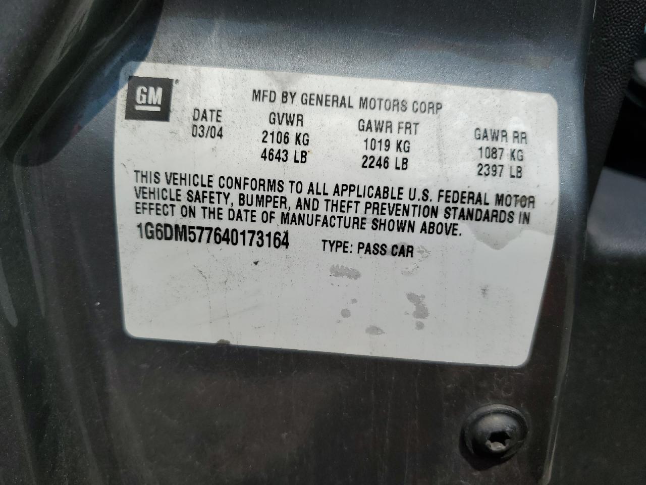 2004 Cadillac Cts VIN: 1G6DM577640173164 Lot: 65551744