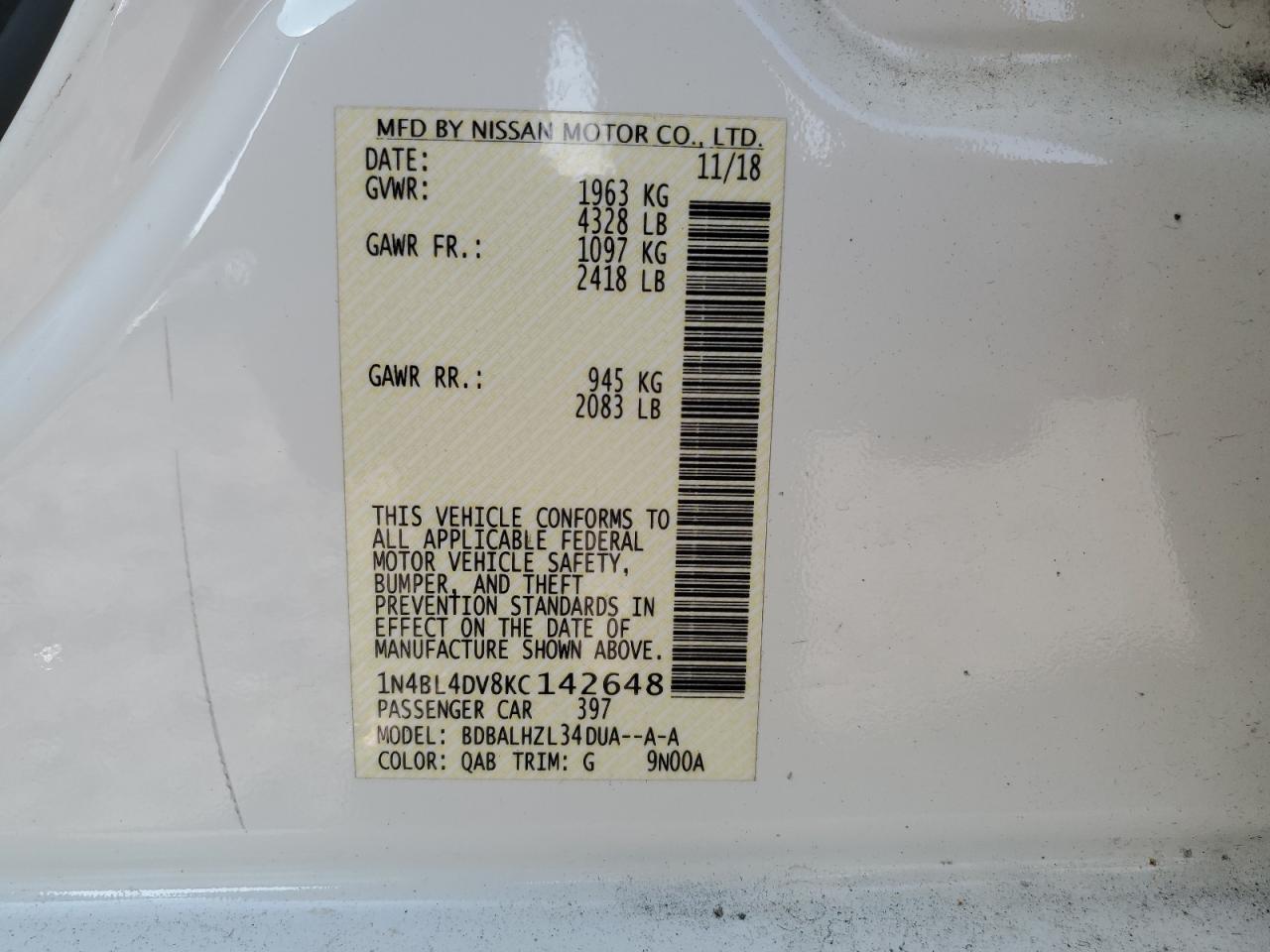 2019 Nissan Altima Sv VIN: 1N4BL4DV8KC142648 Lot: 68457144