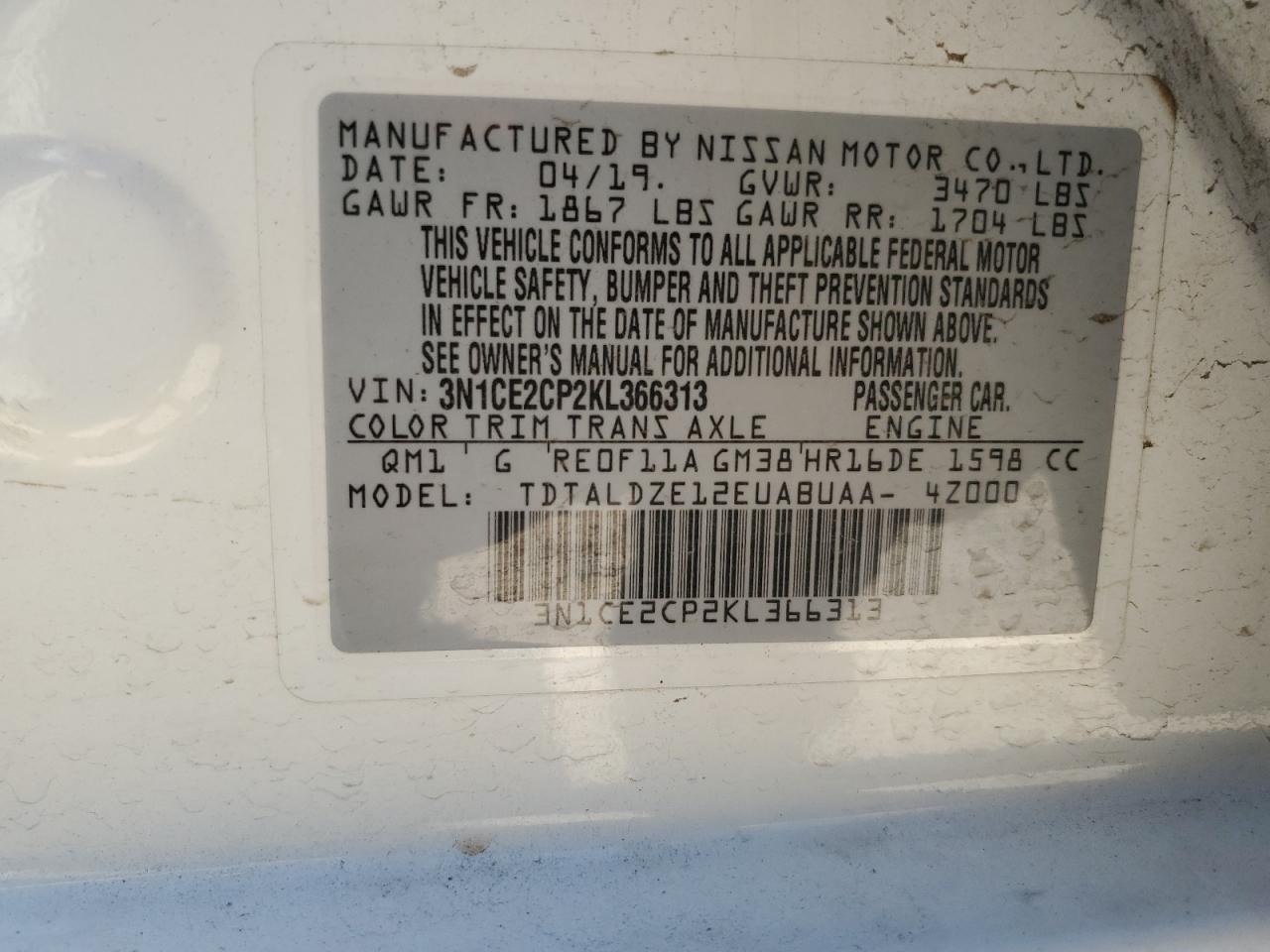 3N1CE2CP2KL366313 2019 Nissan Versa Note S