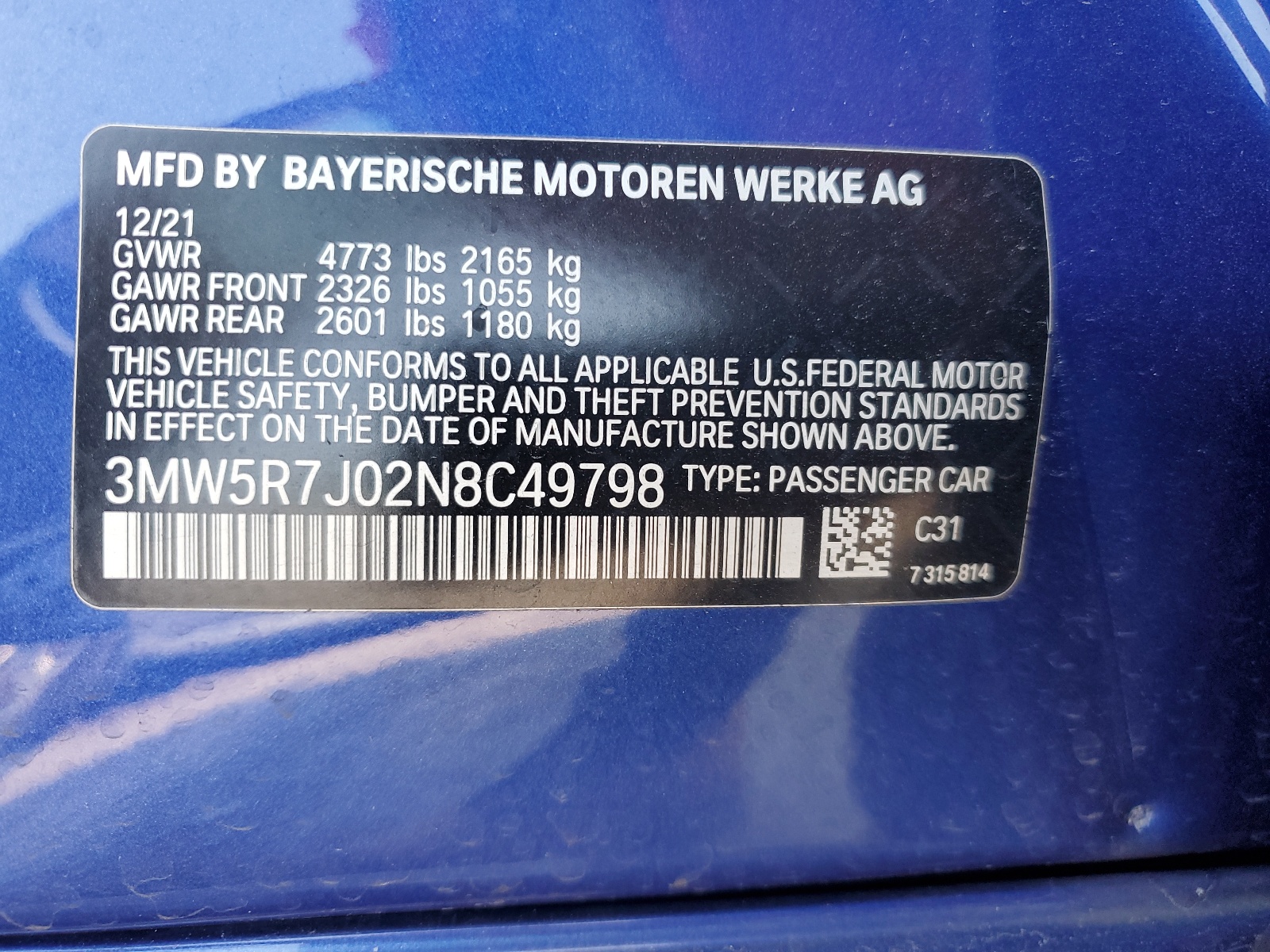 3MW5R7J02N8C49798 2022 BMW 330Xi