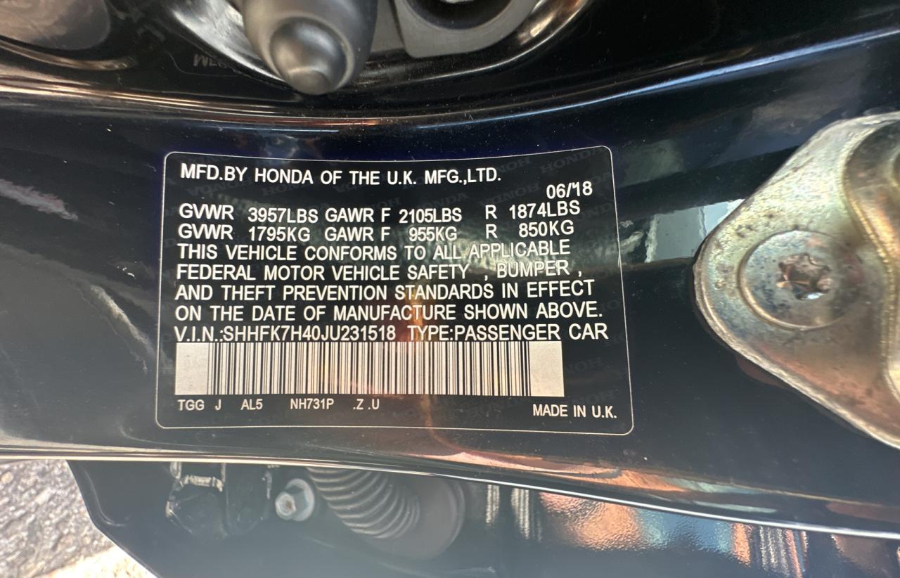 2018 Honda Civic Sport VIN: SHHFK7H40JU231518 Lot: 67607984