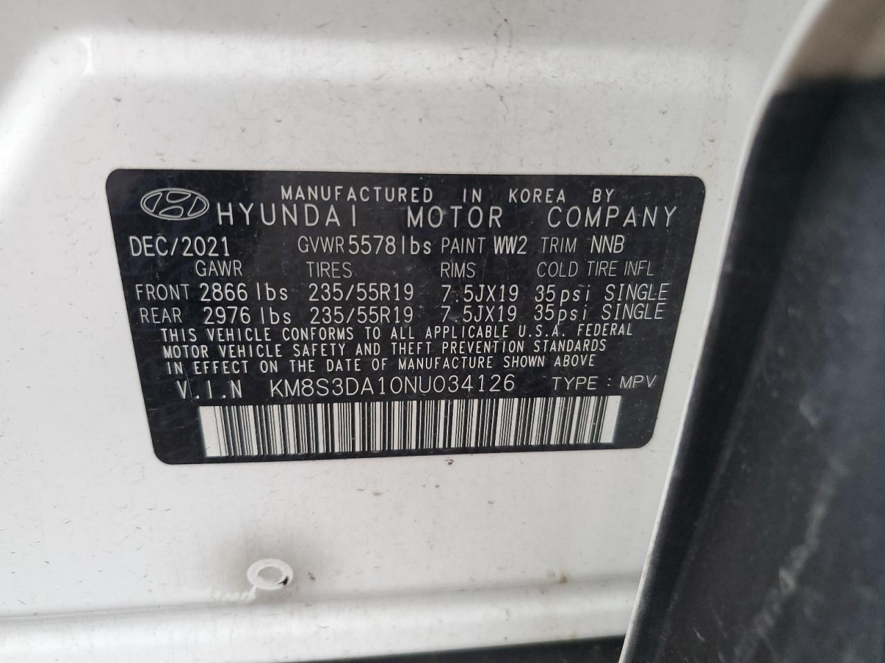 2022 Hyundai Santa Fe Sel Premium VIN: KM8S3DA10NU034126 Lot: 68530054