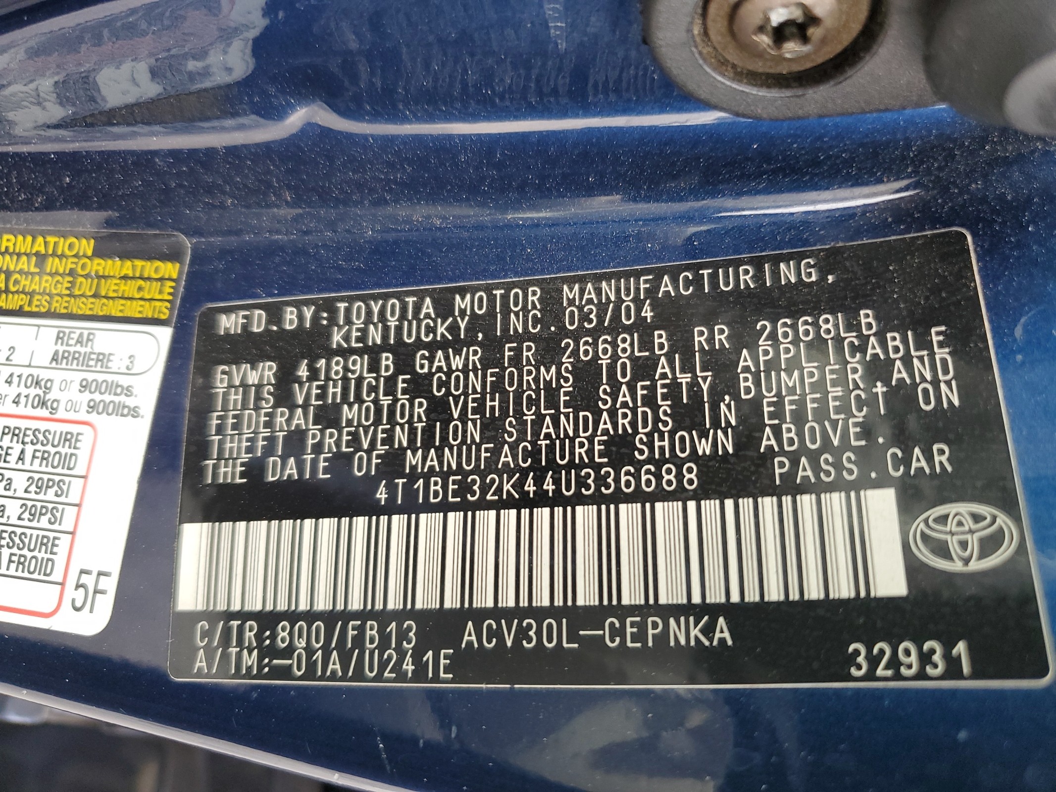 4T1BE32K44U336688 2004 Toyota Camry Le