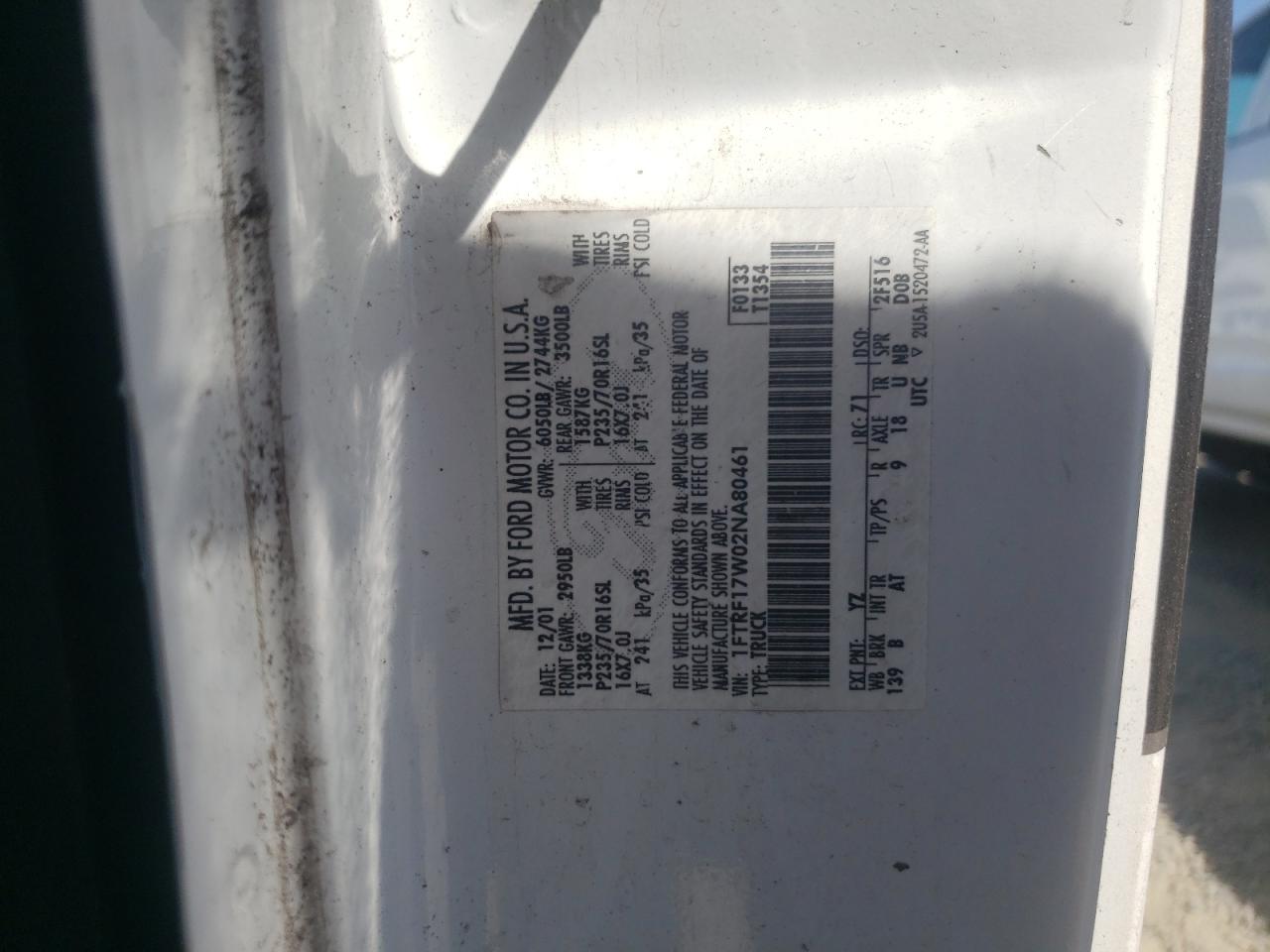 2002 Ford F150 VIN: 1FTRF17W02NA80461 Lot: 67293794