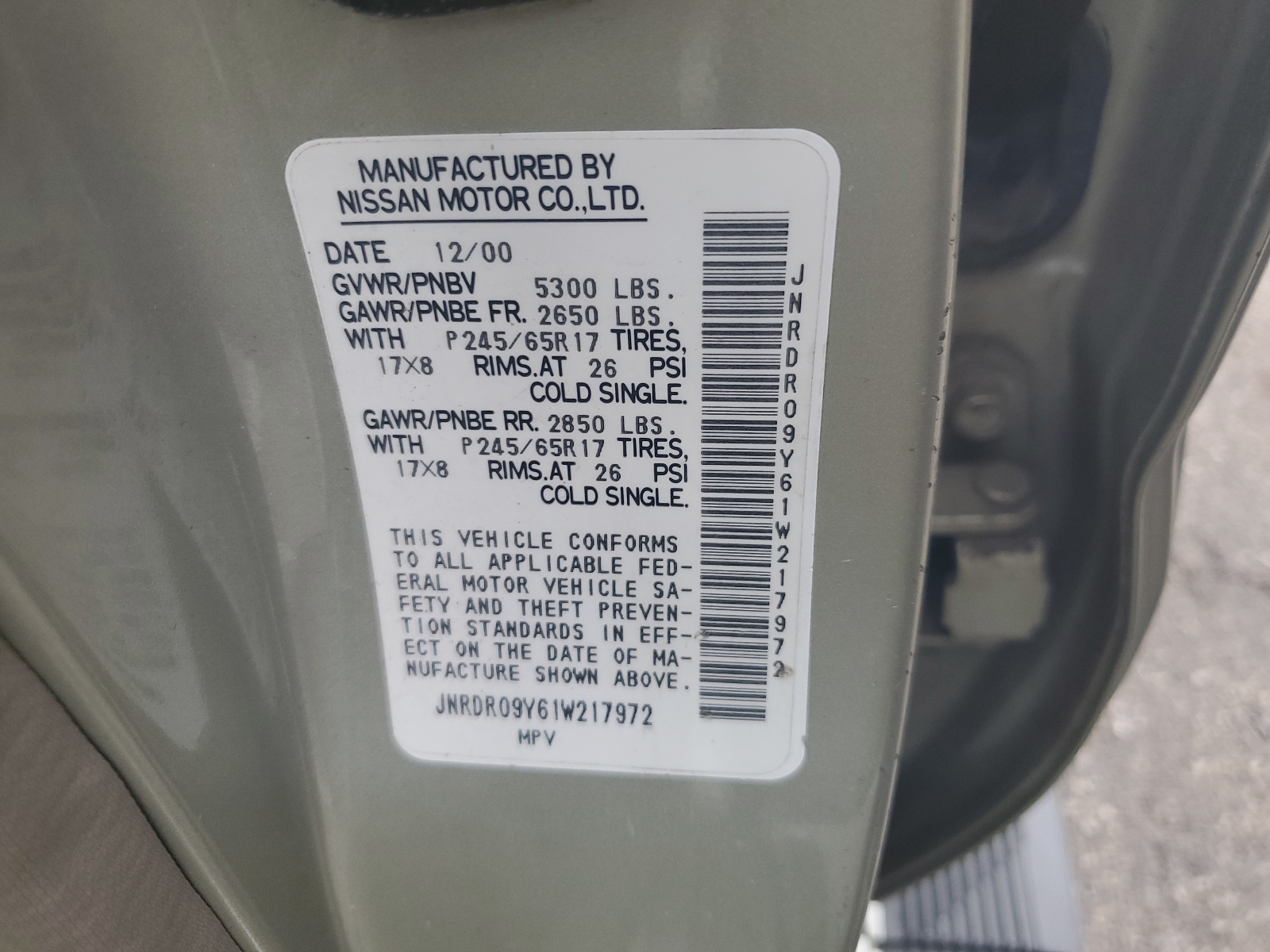 JNRDR09Y61W217972 2001 Infiniti Qx4