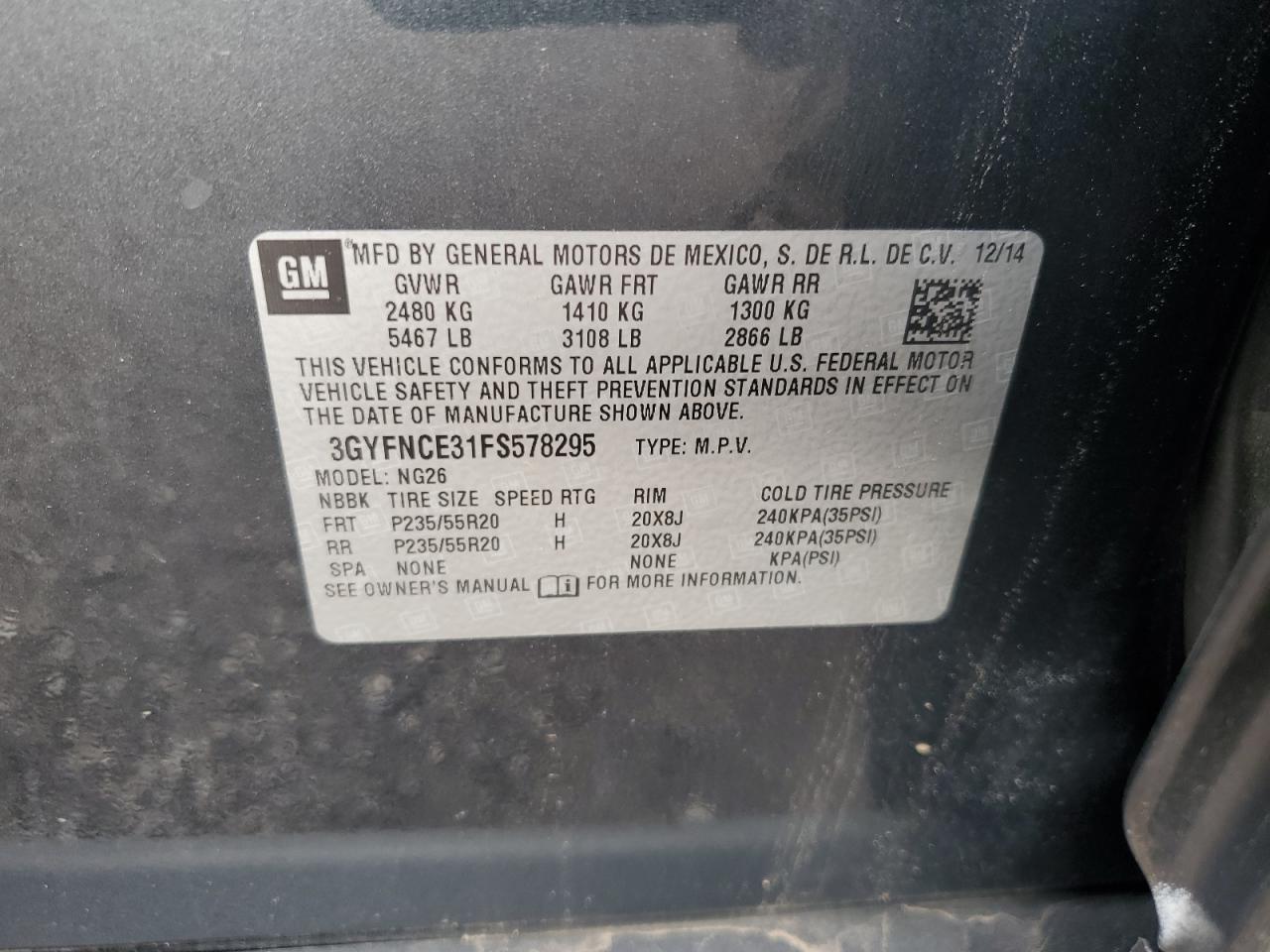 2015 Cadillac Srx Performance Collection VIN: 3GYFNCE31FS578295 Lot: 66069514