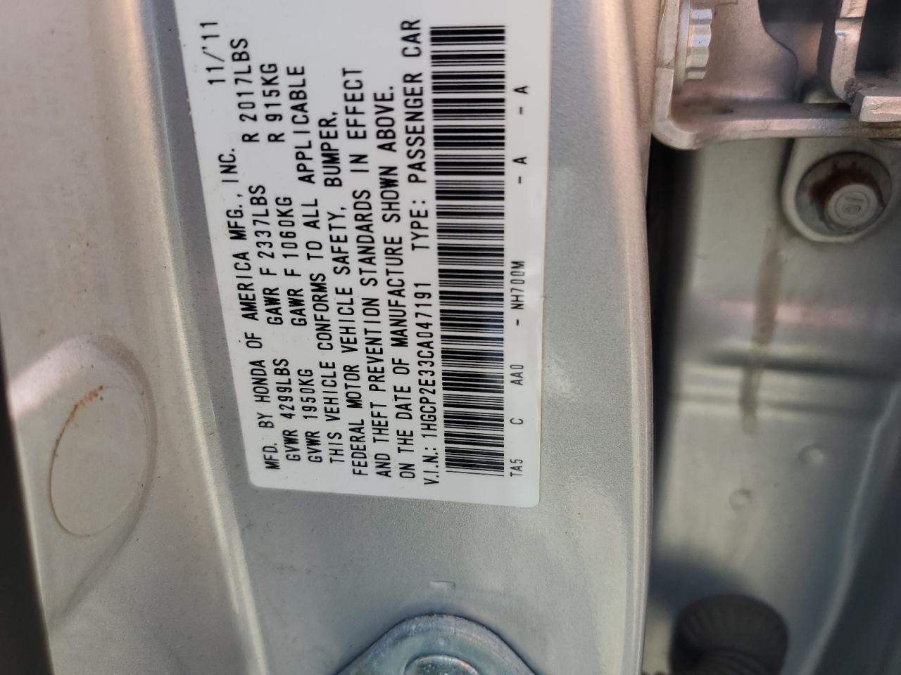 1HGCP2E33CA047191 2012 Honda Accord Lx