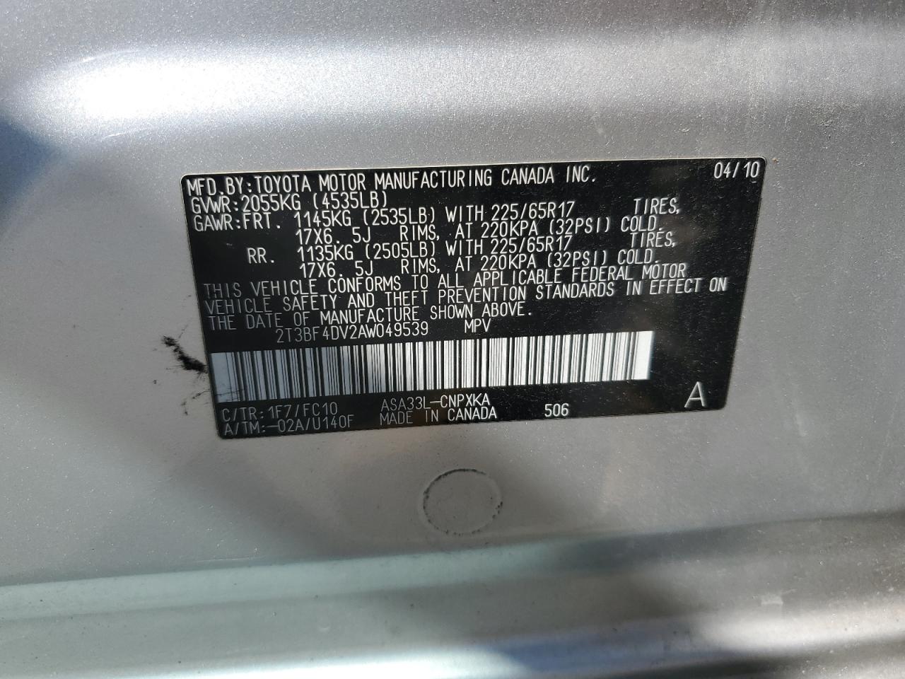 2T3BF4DV2AW049539 2010 Toyota Rav4