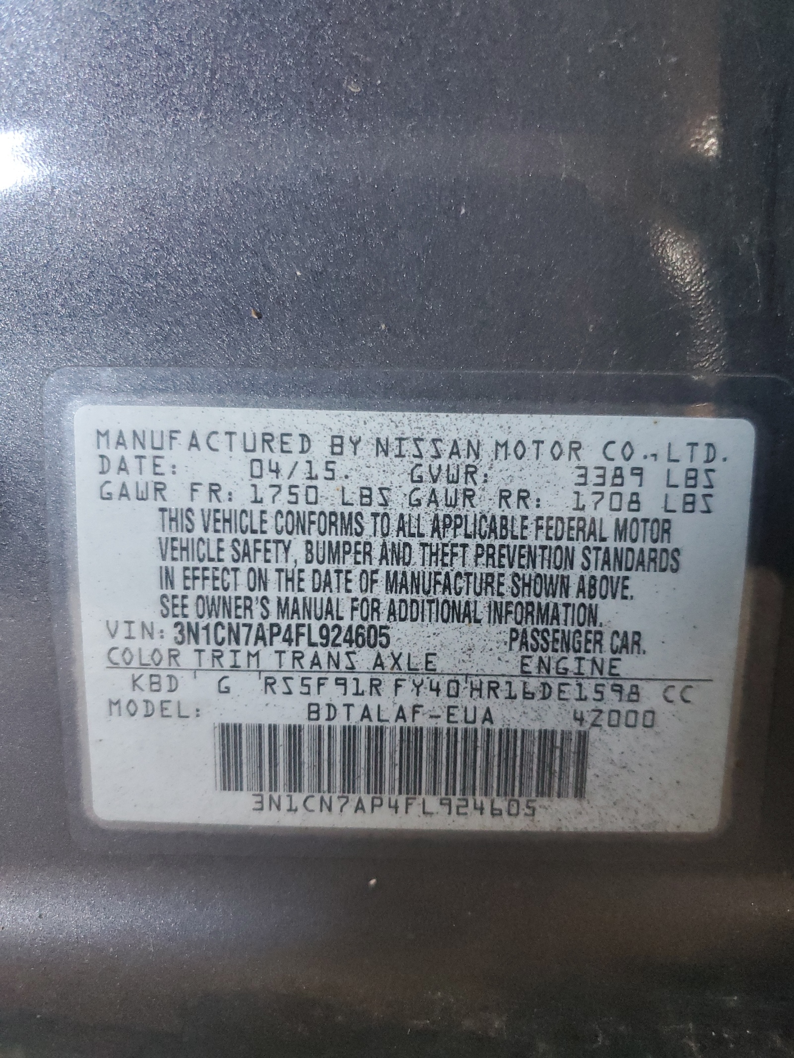 3N1CN7AP4FL924605 2015 Nissan Versa S