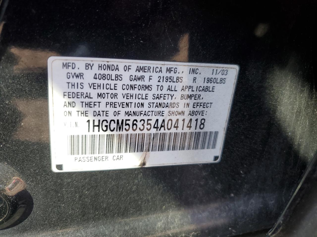 2004 Honda Accord Lx VIN: 1HGCM56354A041418 Lot: 68648794