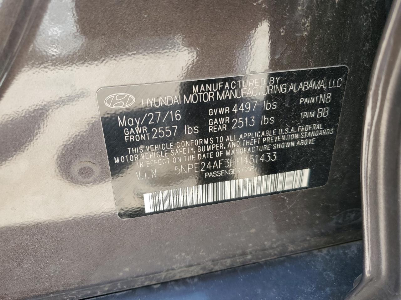 5NPE24AF3HH451433 2017 Hyundai Sonata Se