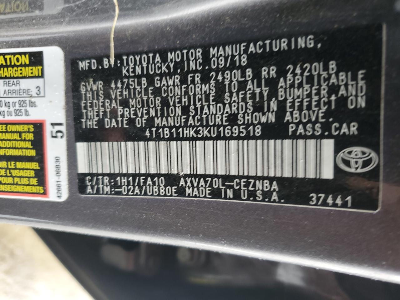 4T1B11HK3KU169518 2019 Toyota Camry L