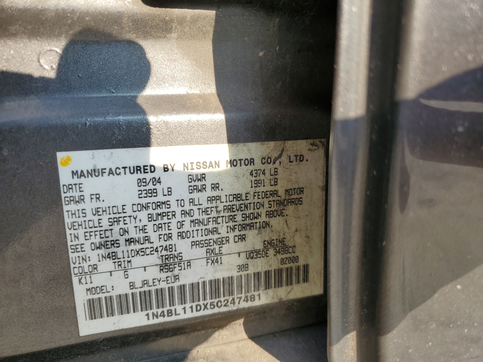 1N4BL11DX5C247481 2005 Nissan Altima Se