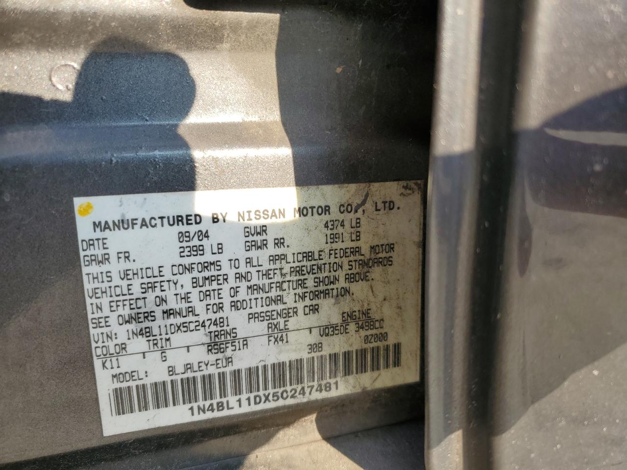 2005 Nissan Altima Se VIN: 1N4BL11DX5C247481 Lot: 66790204