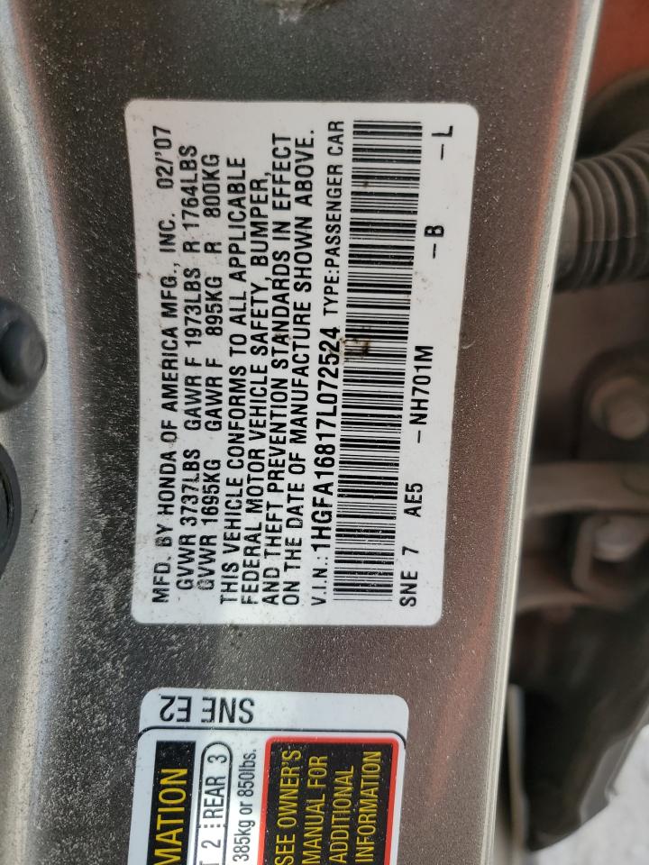 1HGFA16817L072524 2007 Honda Civic Ex