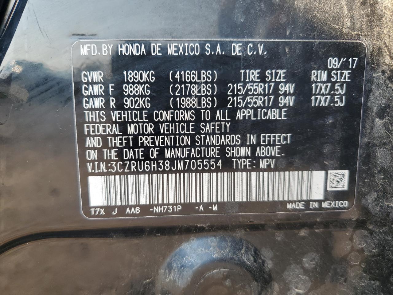 2018 Honda Hr-V Lx VIN: 3CZRU6H38JM705554 Lot: 67041764