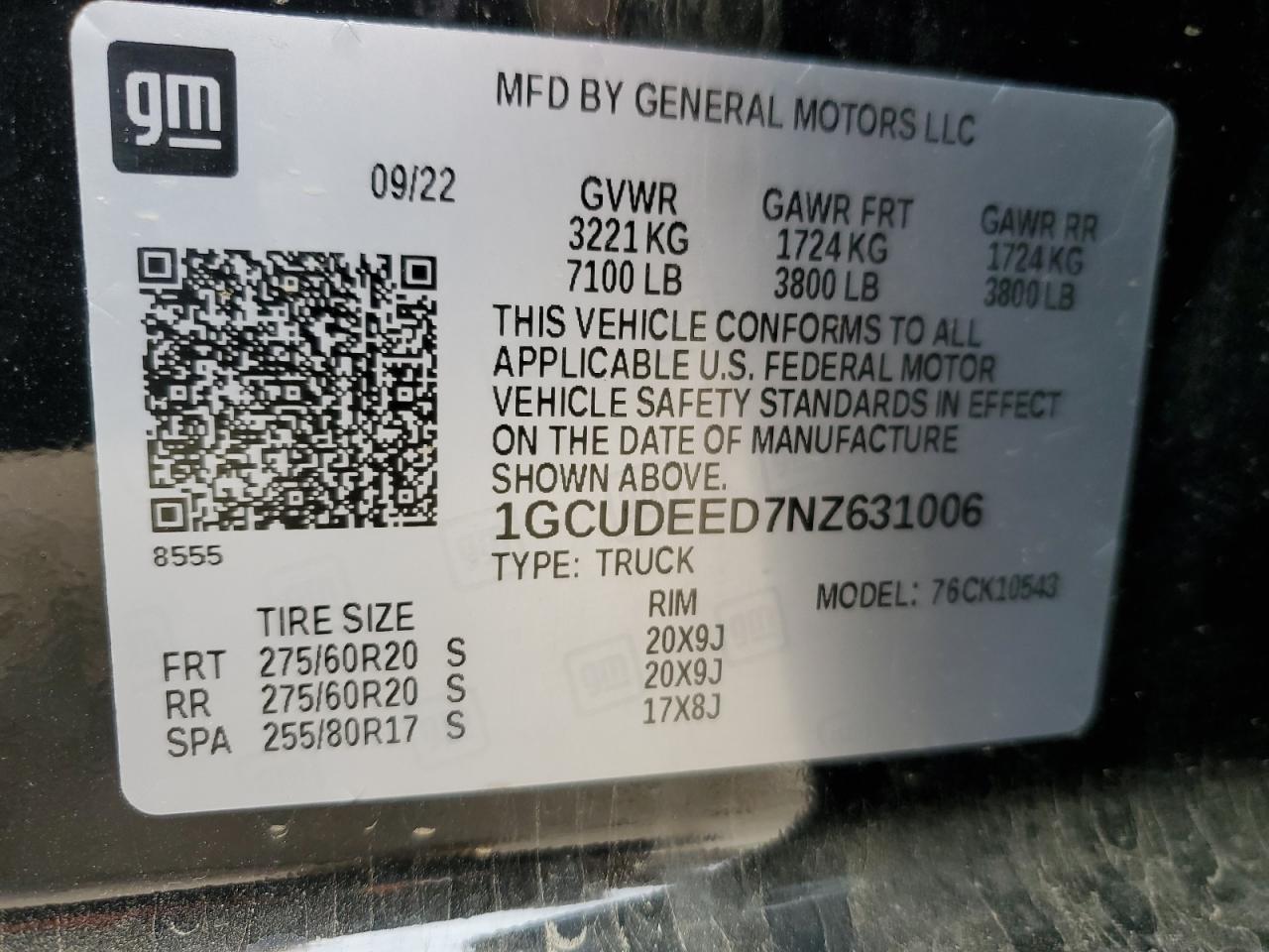 2022 Chevrolet Silverado K1500 Rst VIN: 1GCUDEED7NZ631006 Lot: 68893844