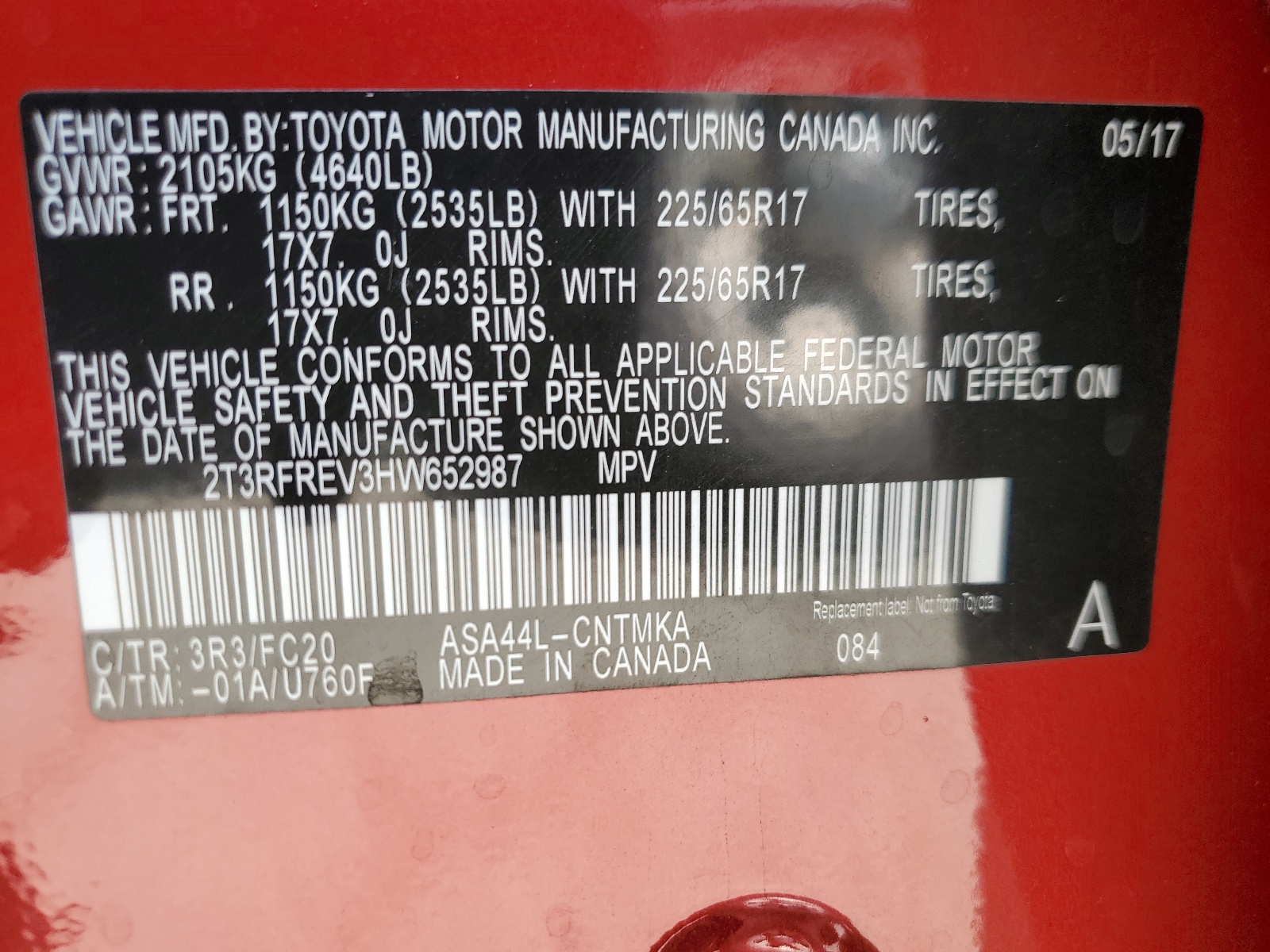 2T3RFREV3HW652987 2017 Toyota Rav4 Xle