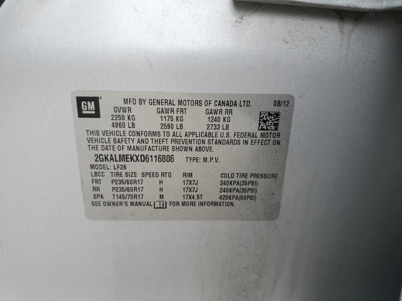 2013 GMC Terrain Sle VIN: 2GKALMEKXD6116806 Lot: 67761964