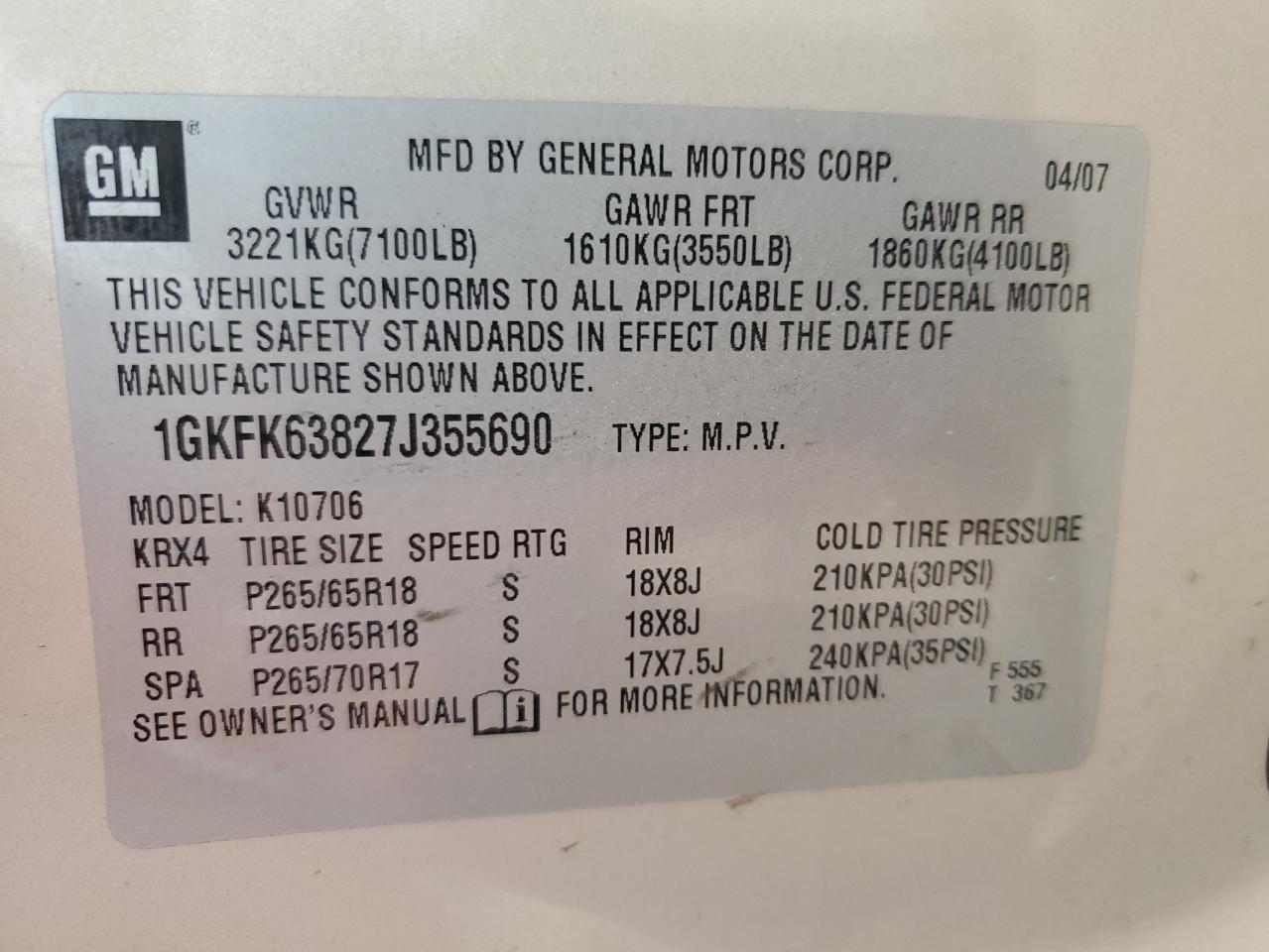 2007 GMC Yukon Denali VIN: 1GKFK63827J355690 Lot: 69571854