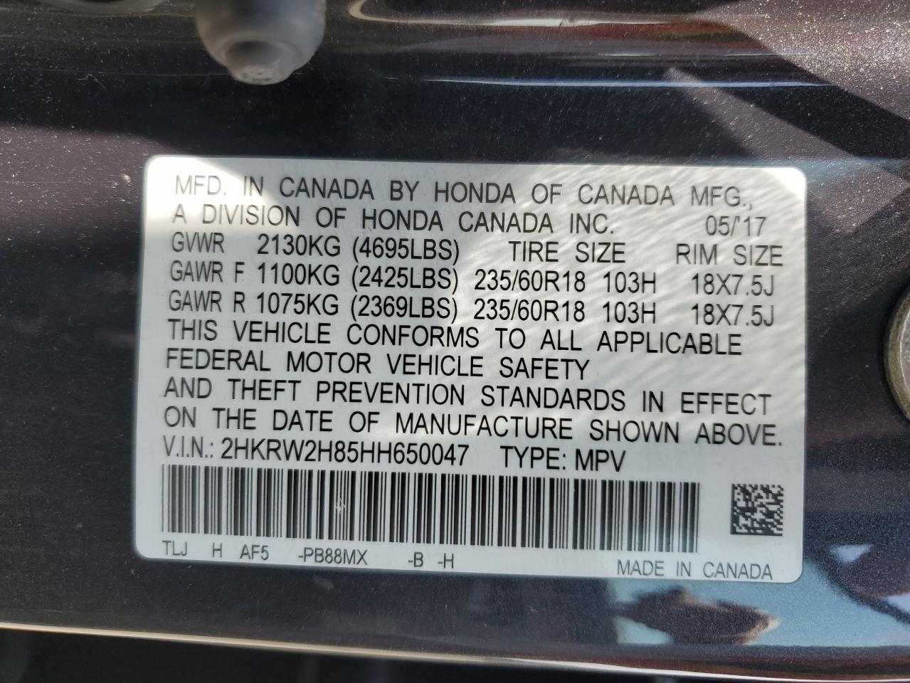 2017 Honda Cr-V Exl VIN: 2HKRW2H85HH650047 Lot: 67666834