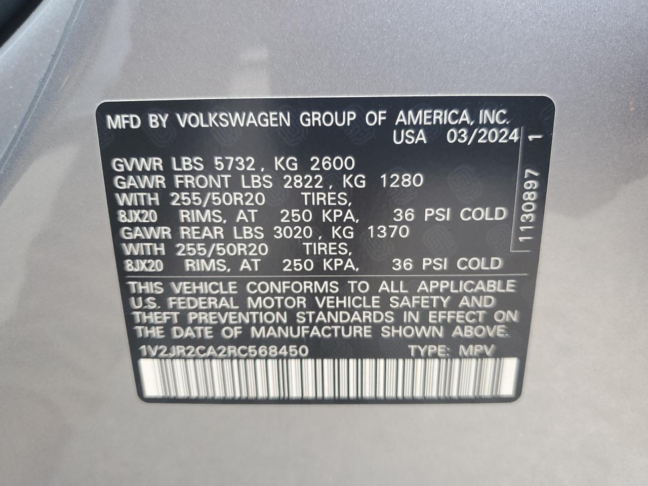 2024 Volkswagen Atlas Se VIN: 1V2JR2CA2RC568450 Lot: 65413714