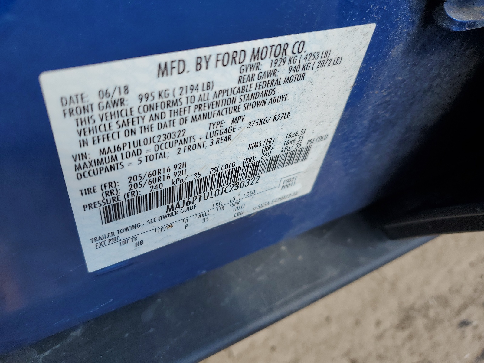 MAJ6P1UL0JC230322 2018 Ford Ecosport Se