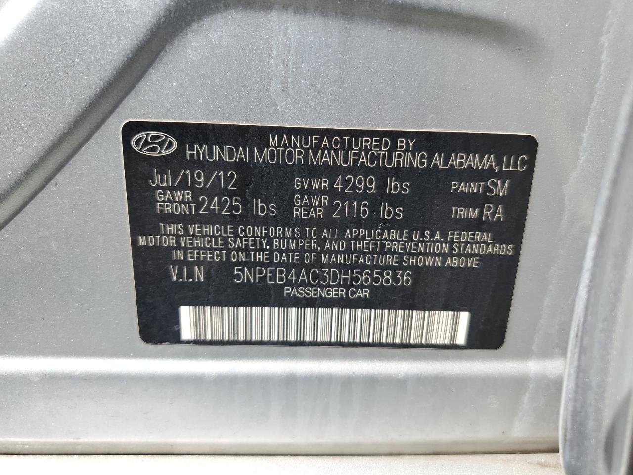 2013 Hyundai Sonata Gls VIN: 5NPEB4AC3DH565836 Lot: 67350344