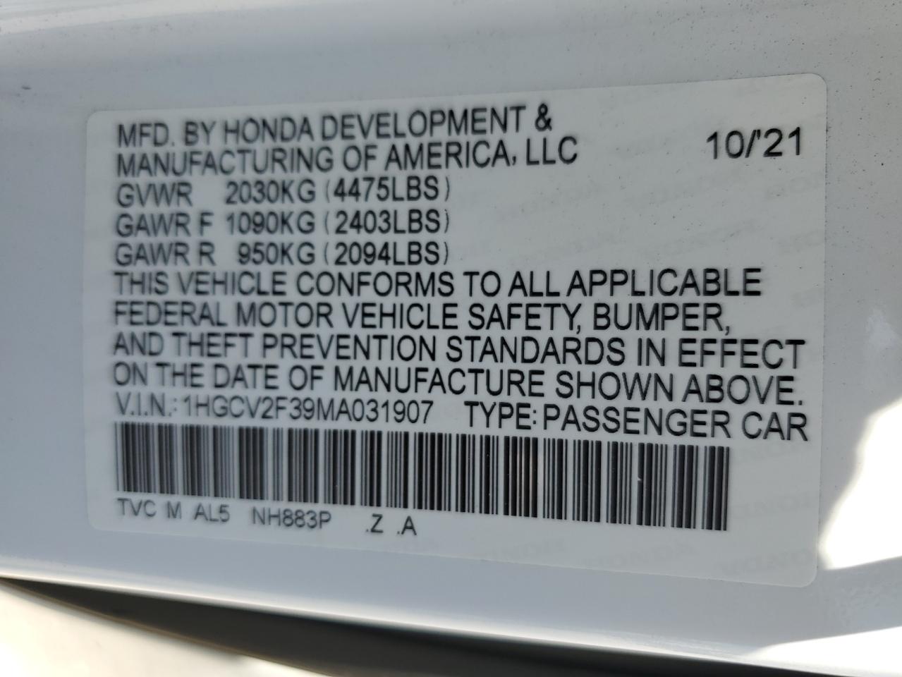 1HGCV2F39MA031907 2021 HONDA ACCORD - Image 14