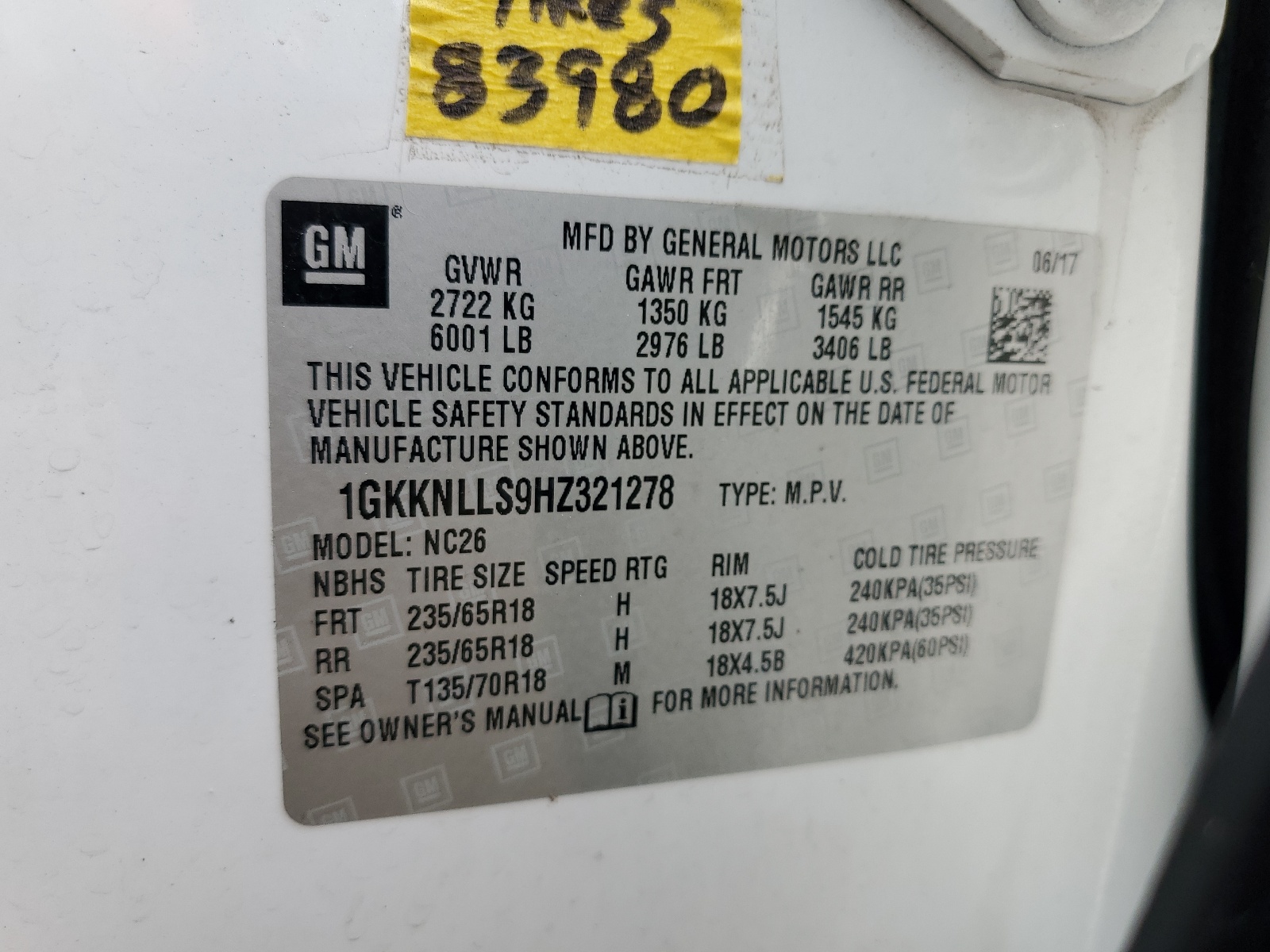 1GKKNLLS9HZ321278 2017 GMC Acadia Sle