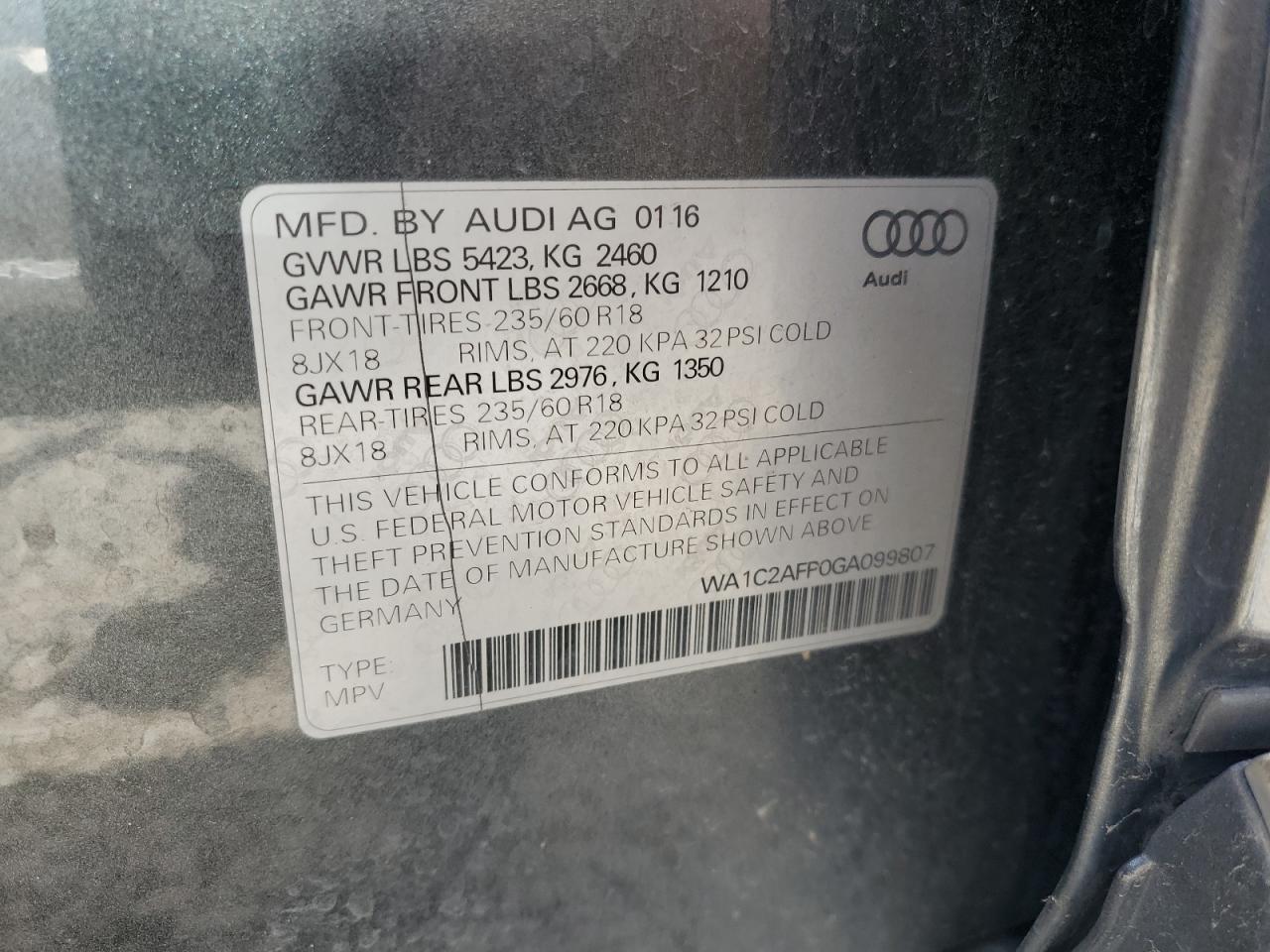 2016 Audi Q5 Premium VIN: WA1C2AFP0GA099807 Lot: 63644554