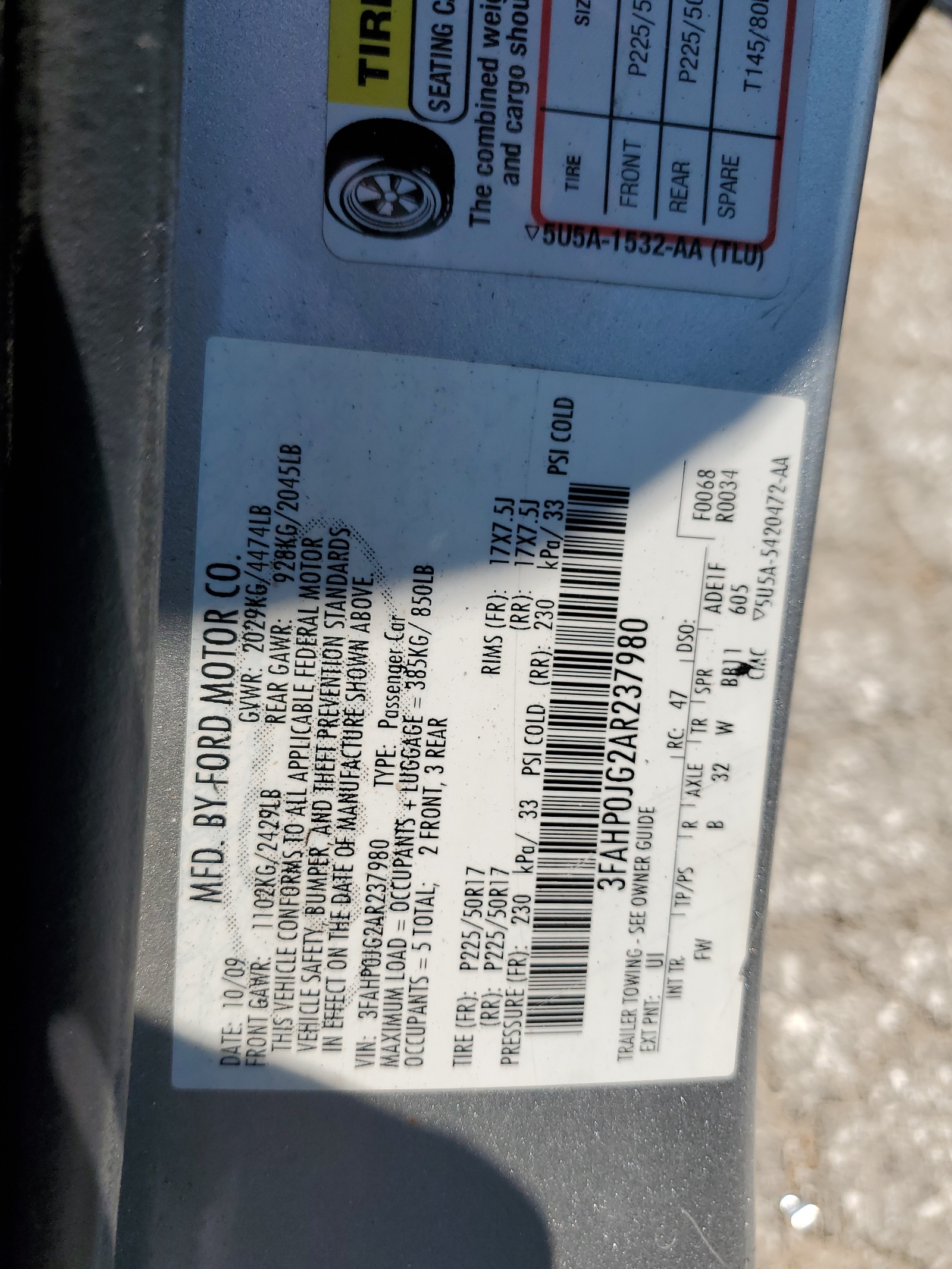 3FAHP0JG2AR237980 2010 Ford Fusion Sel