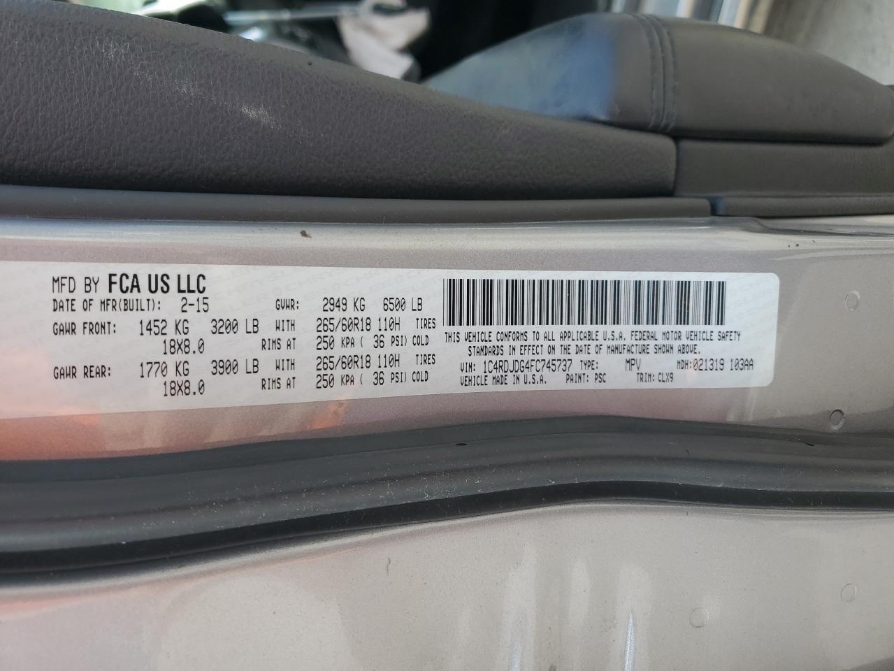 2015 Dodge Durango Limited VIN: 1C4RDJDG4FC745737 Lot: 66982124