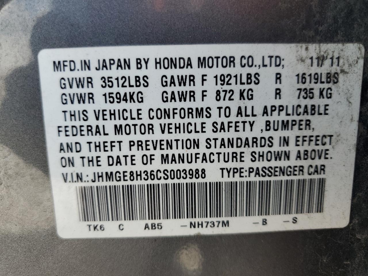 2012 Honda Fit VIN: JHMGE8H36CS003988 Lot: 69430764