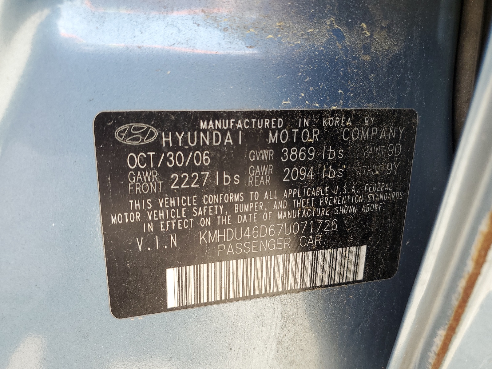 KMHDU46D67U071726 2007 Hyundai Elantra Gls