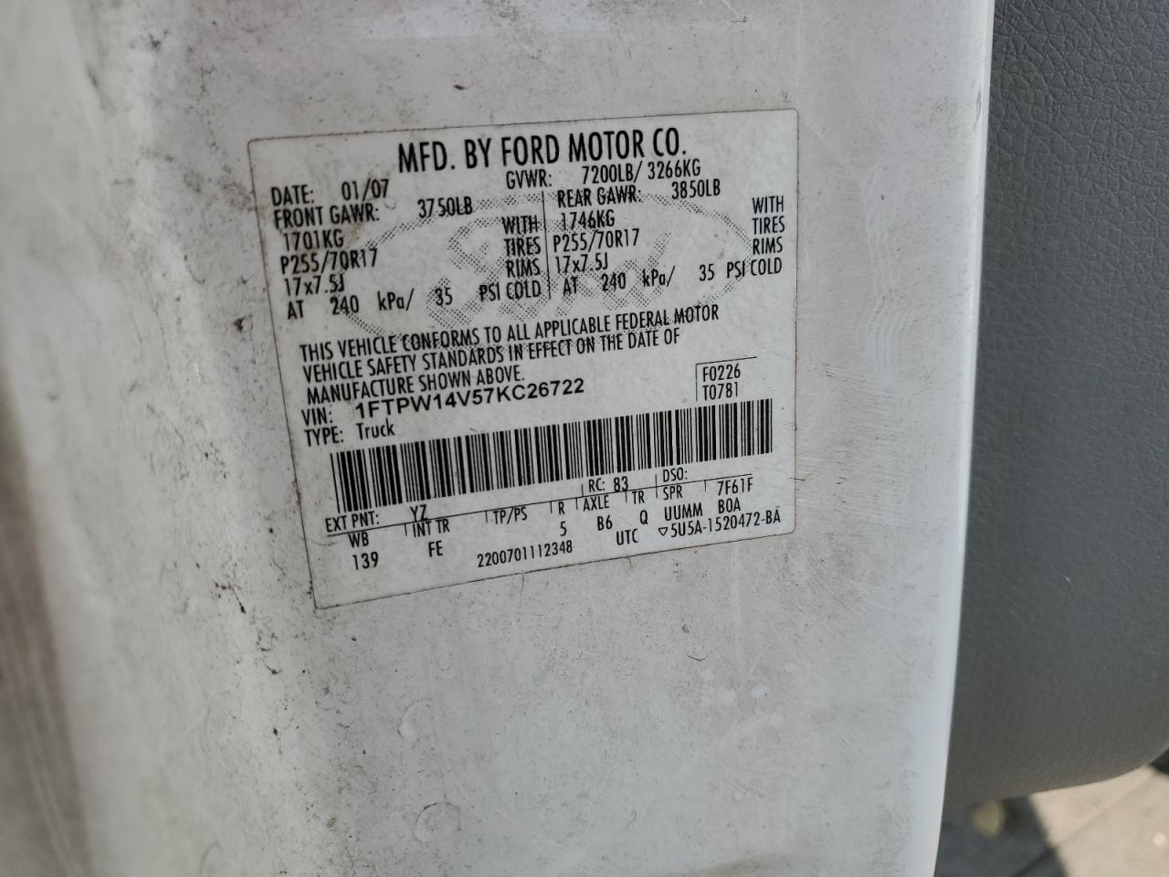 2007 Ford F150 Supercrew VIN: 1FTPW14V57KC26722 Lot: 66431204