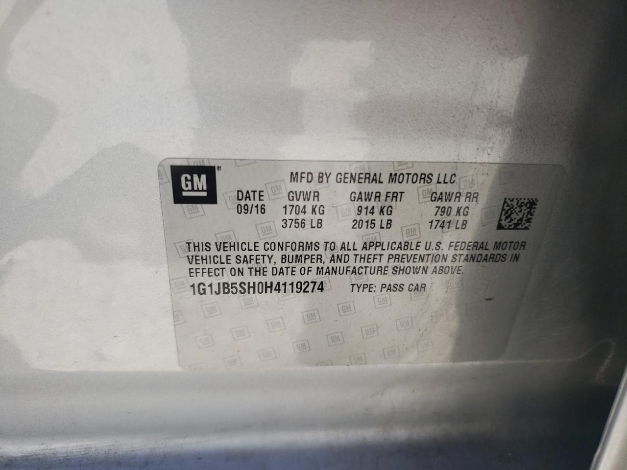 2017 Chevrolet Sonic Ls VIN: 1G1JB5SH0H4119274 Lot: 68869494