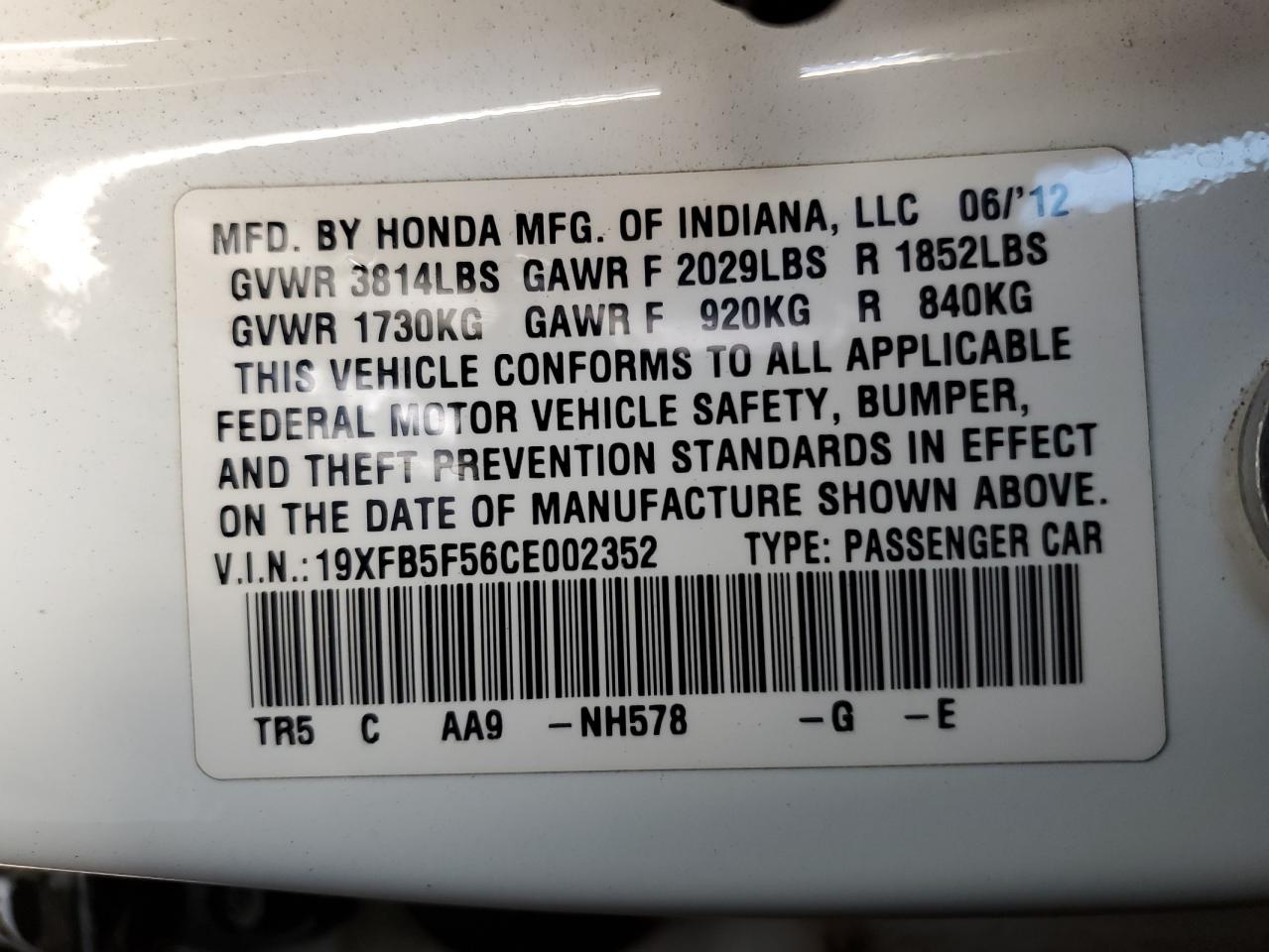 2012 Honda Civic Natural Gas VIN: 19XFB5F56CE002352 Lot: 68917344