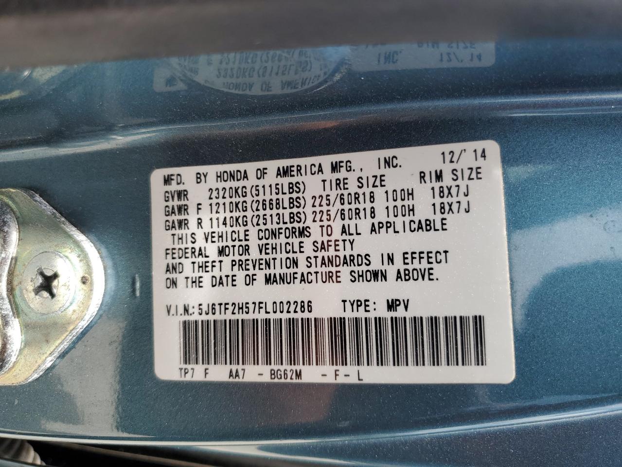 2015 Honda Crosstour Exl VIN: 5J6TF2H57FL002286 Lot: 65710064
