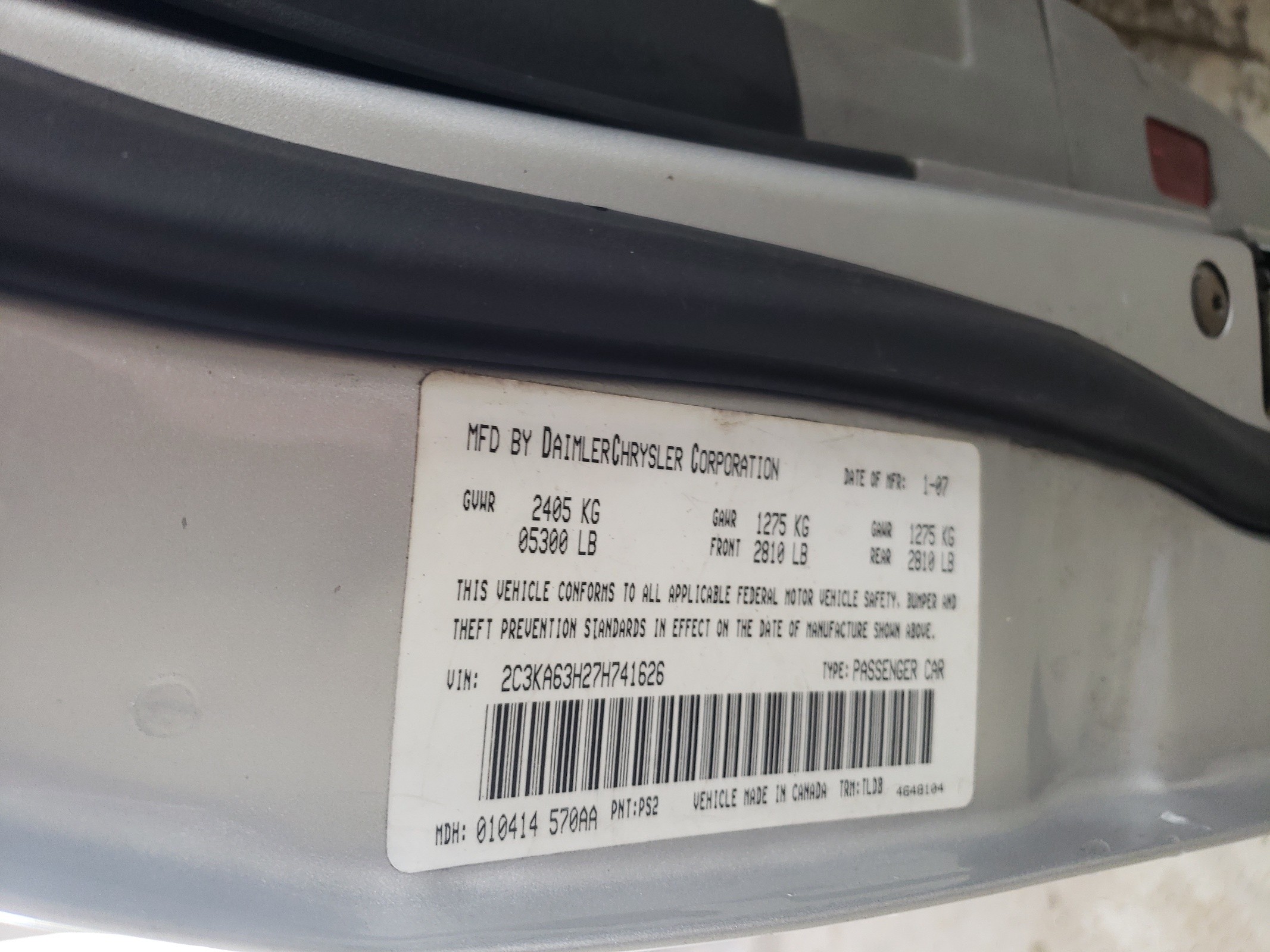 2C3KA63H27H741626 2007 Chrysler 300C