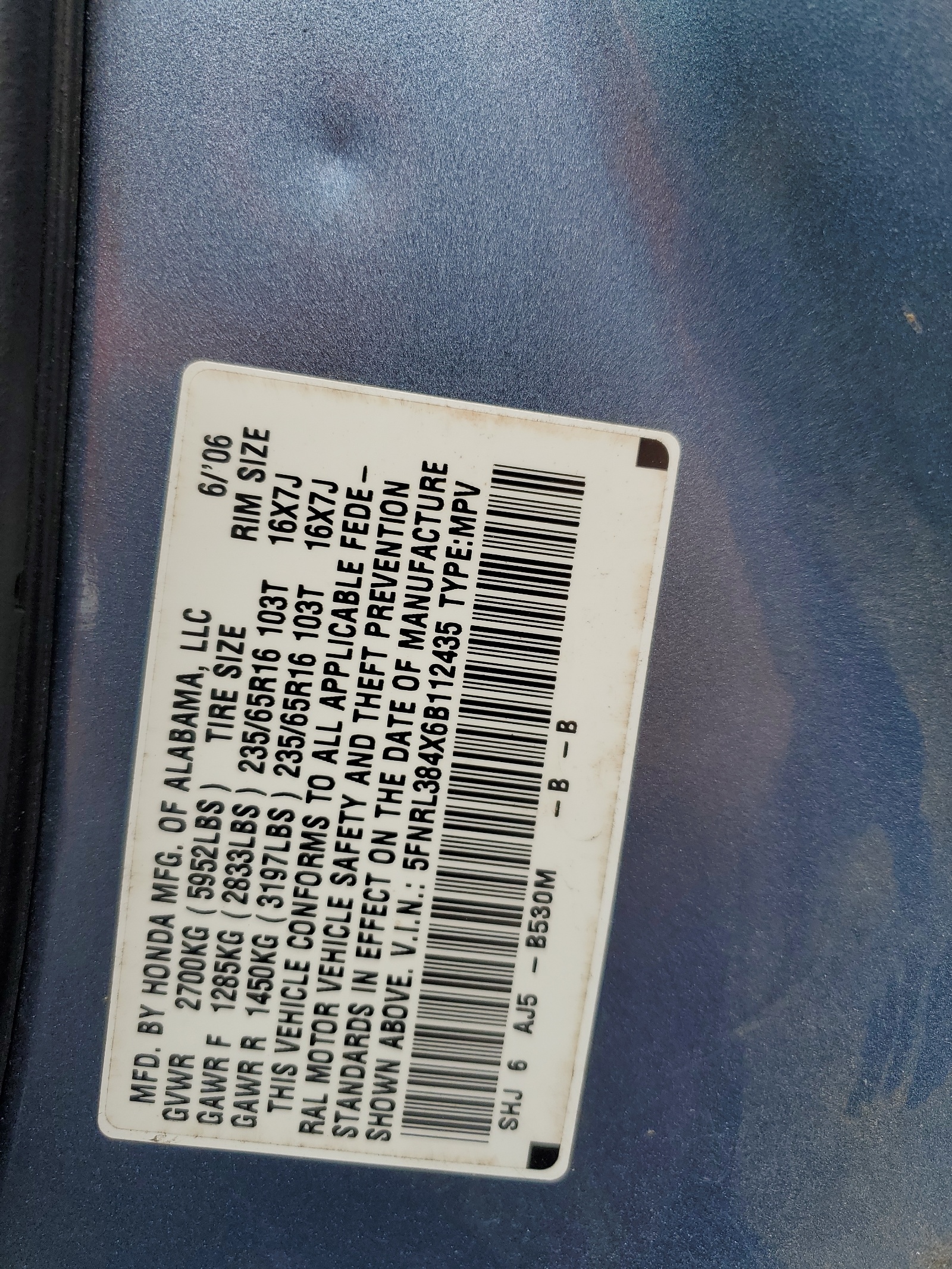 5FNRL384X6B112435 2006 Honda Odyssey Ex