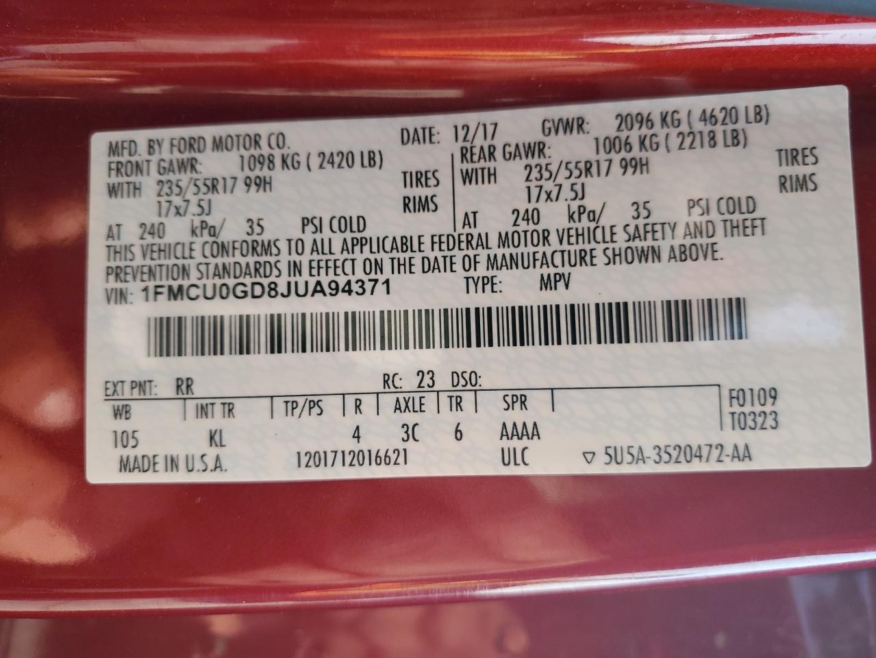 2018 Ford Escape Se VIN: 1FMCU0GD8JUA94371 Lot: 66725764